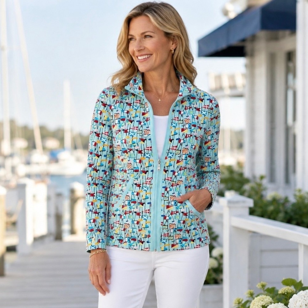Talbots Womens Nautical Flag Jacket Medium Petite Blue Zip Boat Novelty Coastal